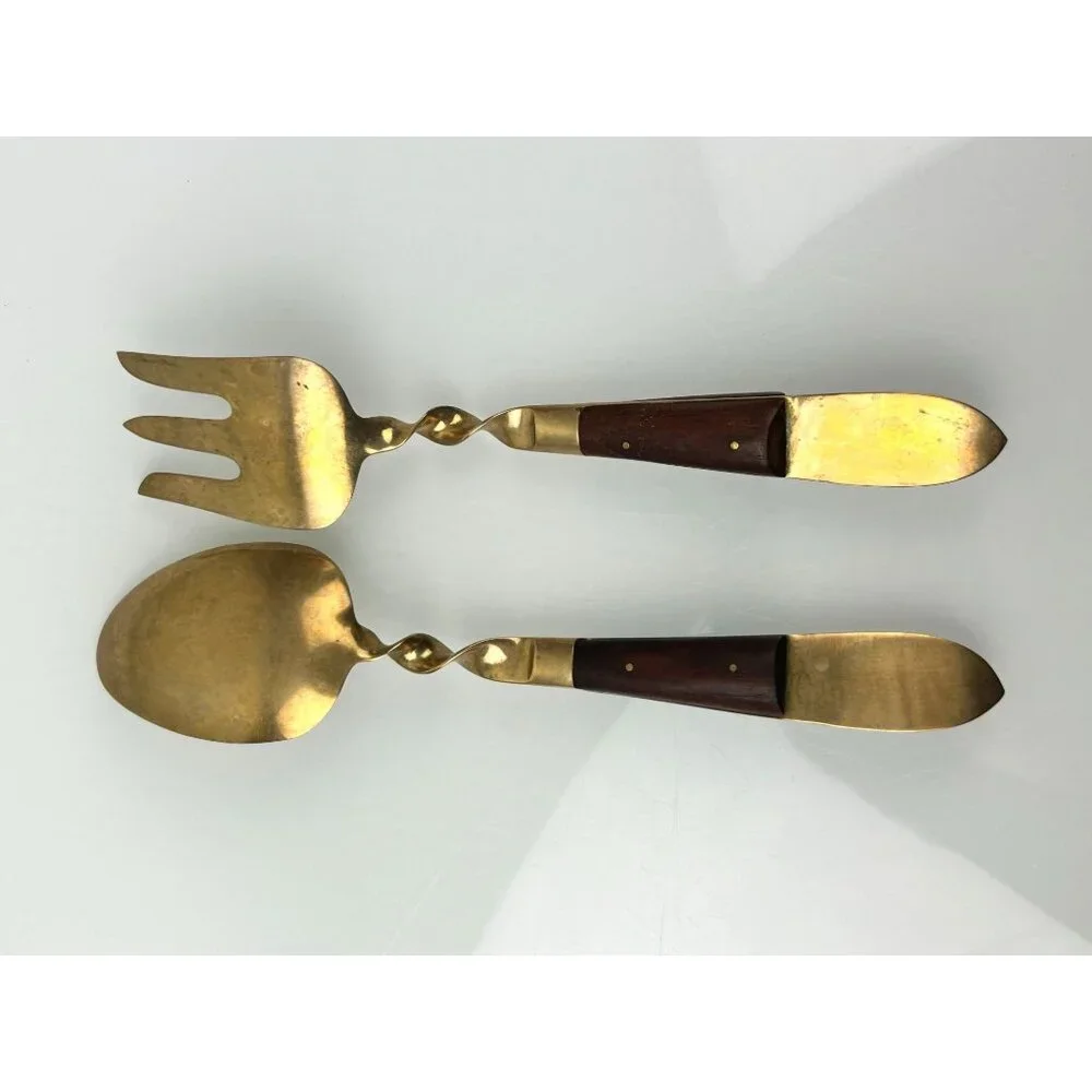 MCM Siam Gold Tone Serving Fork & Spoon Wood Handle Twist Buddha Unique Vintage